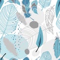 Abstract seamless feathers pattern blue, gray colours wallpaper.